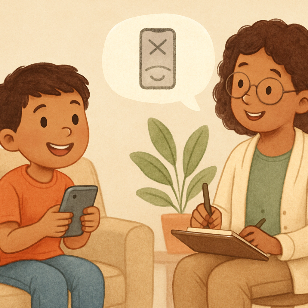 A therapist supporting a child who is adjusting to limits on phone and tablet use.