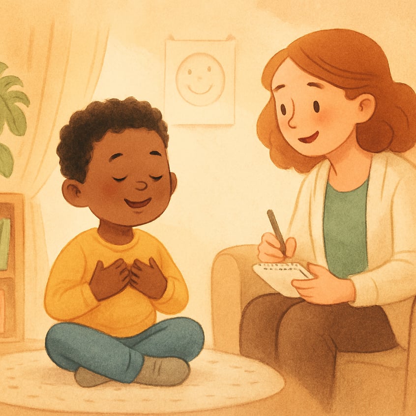 Therapist guiding a child through behaviour management activities.