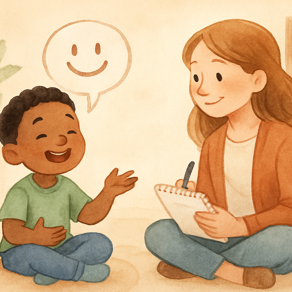 Warm therapy space where a child and therapist sit on the floor talking and playing.