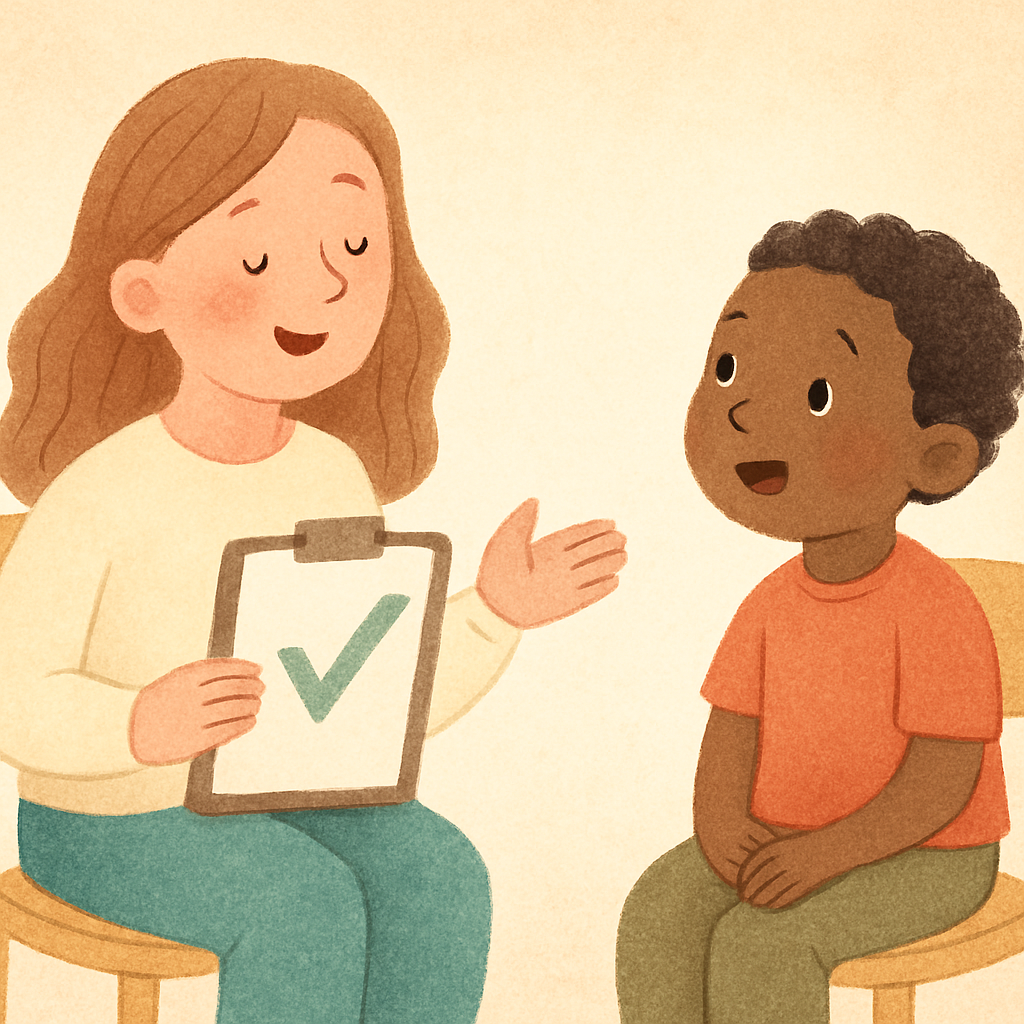 Therapist guiding a child through a simple problem-solving activity.