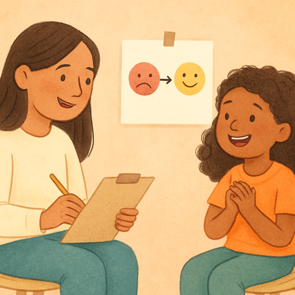 Child smiling while completing a behaviour-tracking worksheet with help.