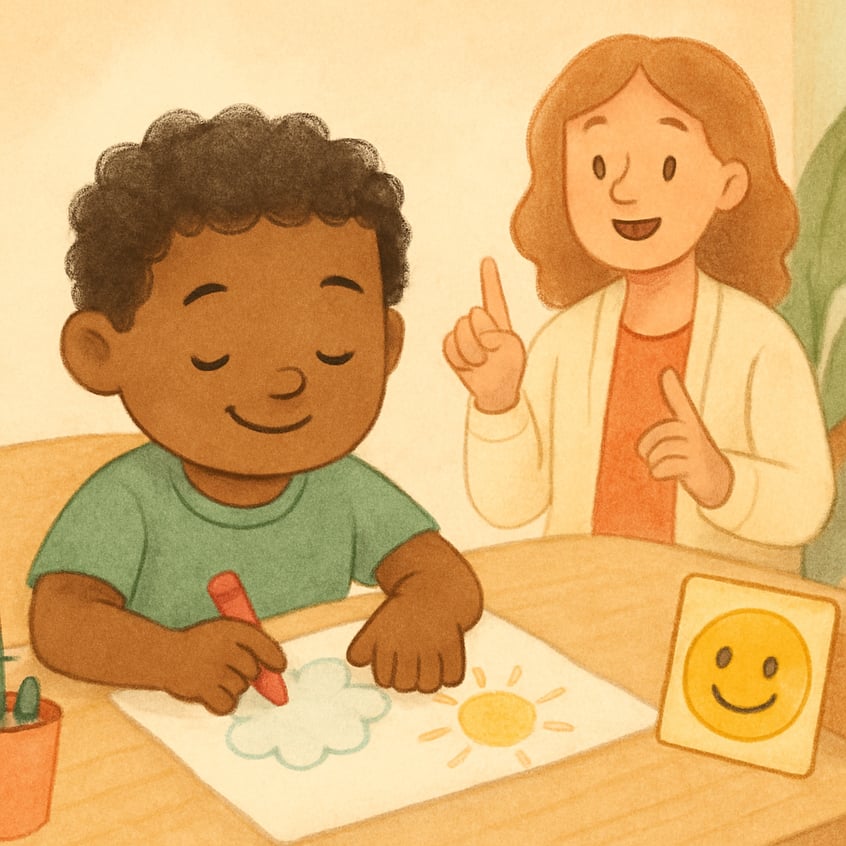 Therapist guiding a child through step-by-step instructions to build attention skills.