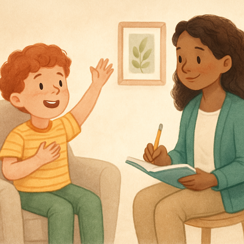 A therapist working with a child to address behavioral concerns during a therapy session.