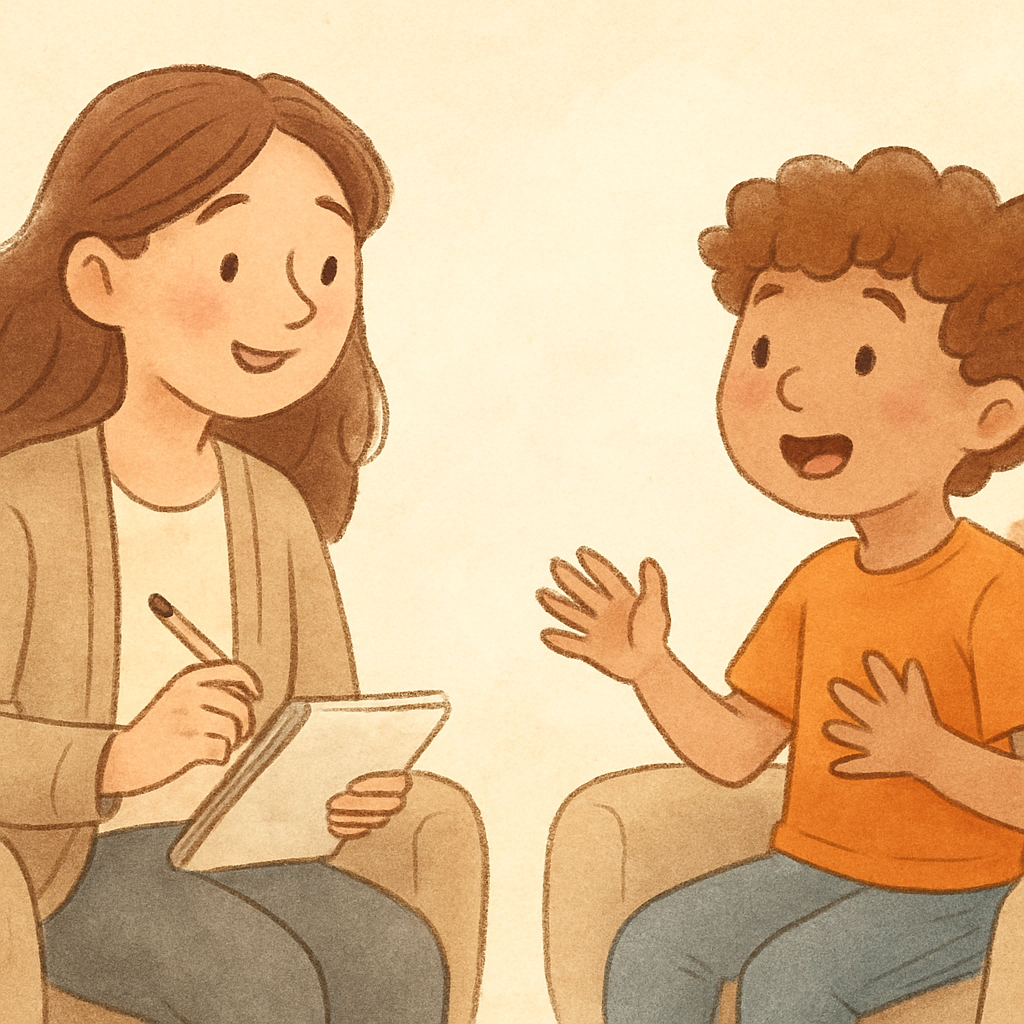 A therapist guiding a child through behavior management strategies.