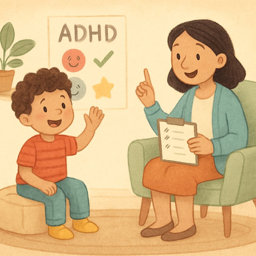 A therapist calmly supporting a child with behavioral concerns in a playroom.