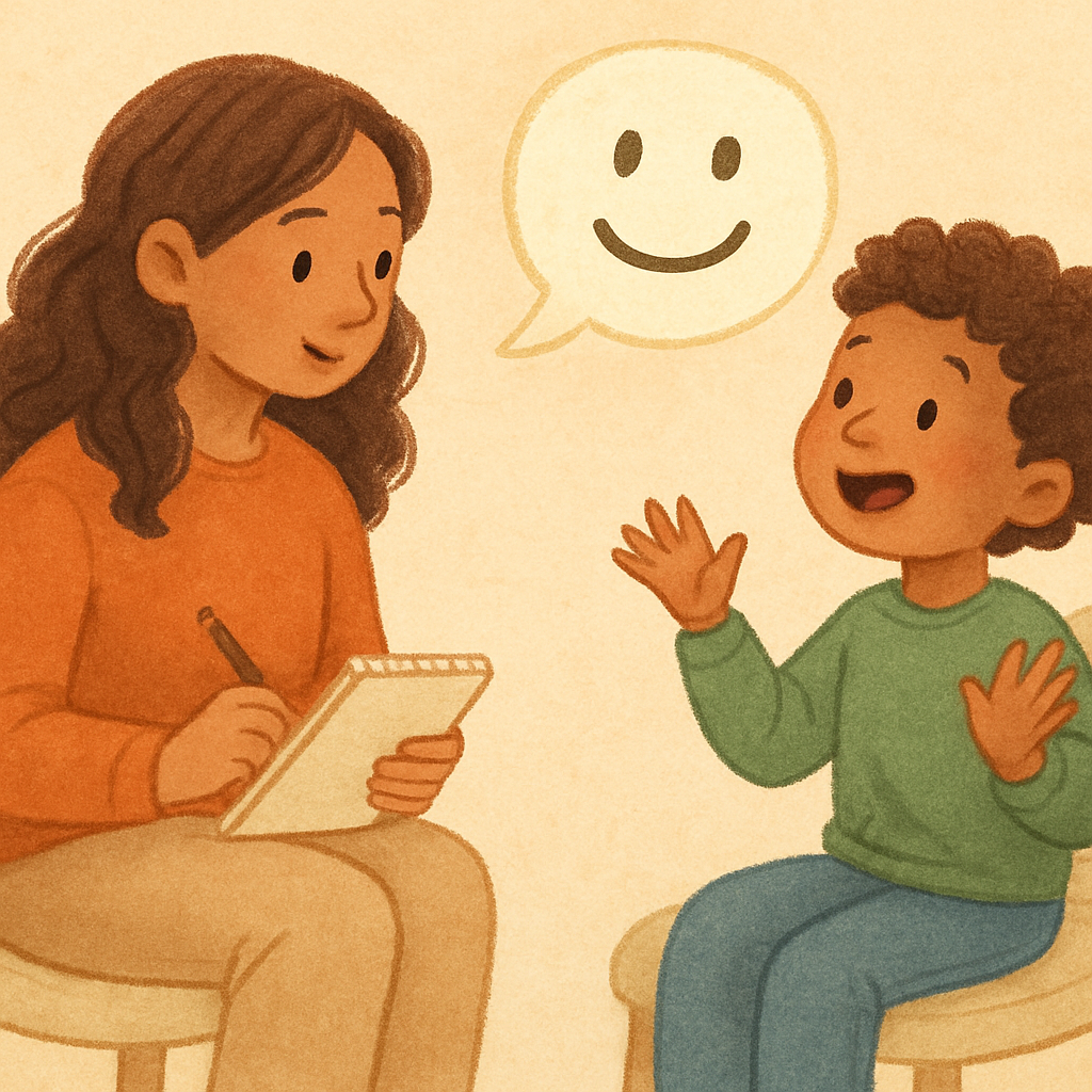 A therapist writing notes while a client role-plays a challenging social situation.