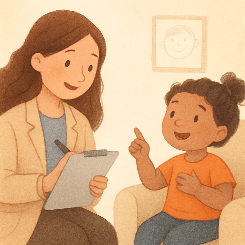 Behavioral specialist observing a child’s reactions while taking notes during a therapy session.