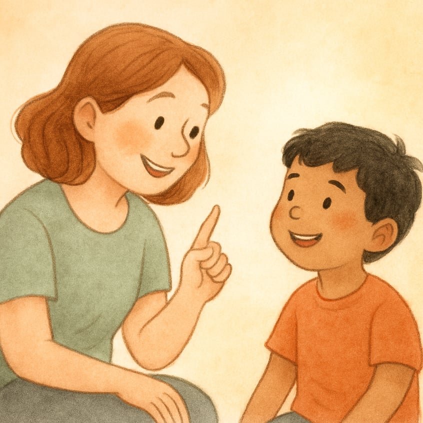 A parent and child practicing eye contact and communication during a one-on-one activity.