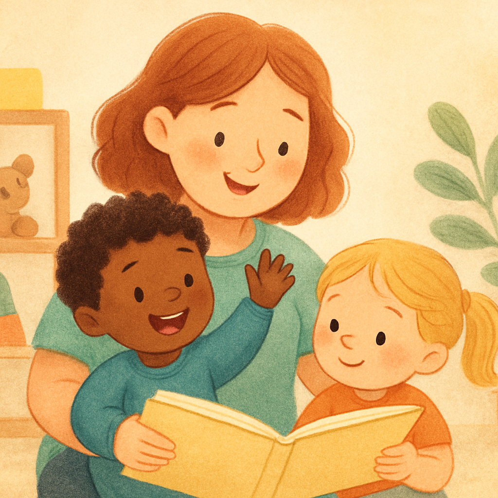 Caregiver reading a picture book to a small group of children sitting on a rug.