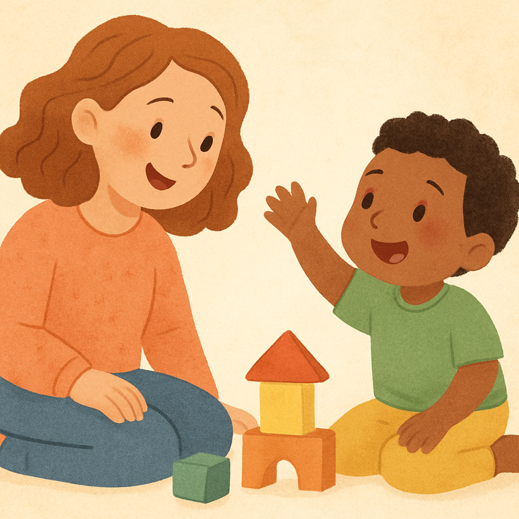 Warm, safe childcare environment with caregivers interacting attentively with children.