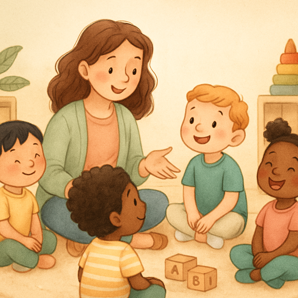 Create 3 separate photos of childrens illustrations in a 12 aspect ratio related to the topic Childcare and Behaviour Therapy Use soft natural colours