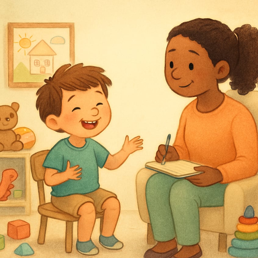 A child practicing structured sentences during a cluttering intervention activity.