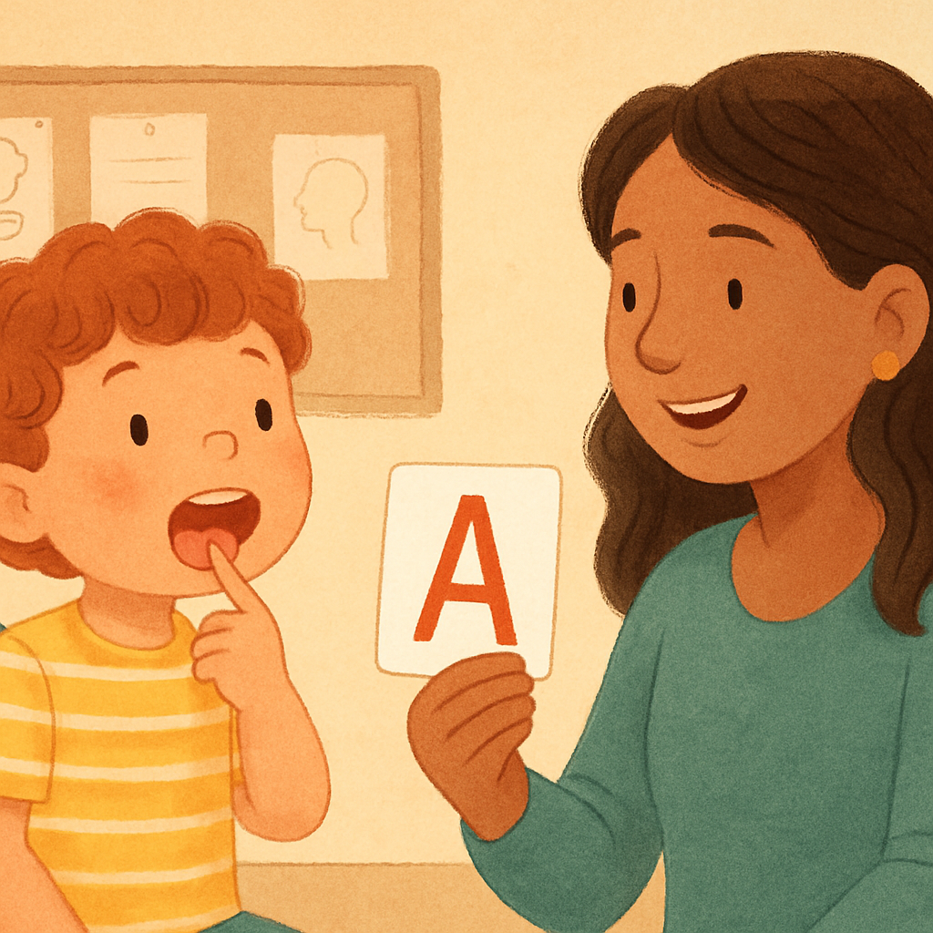 A speech therapist supporting a person with dysarthria during structured speech exercises.