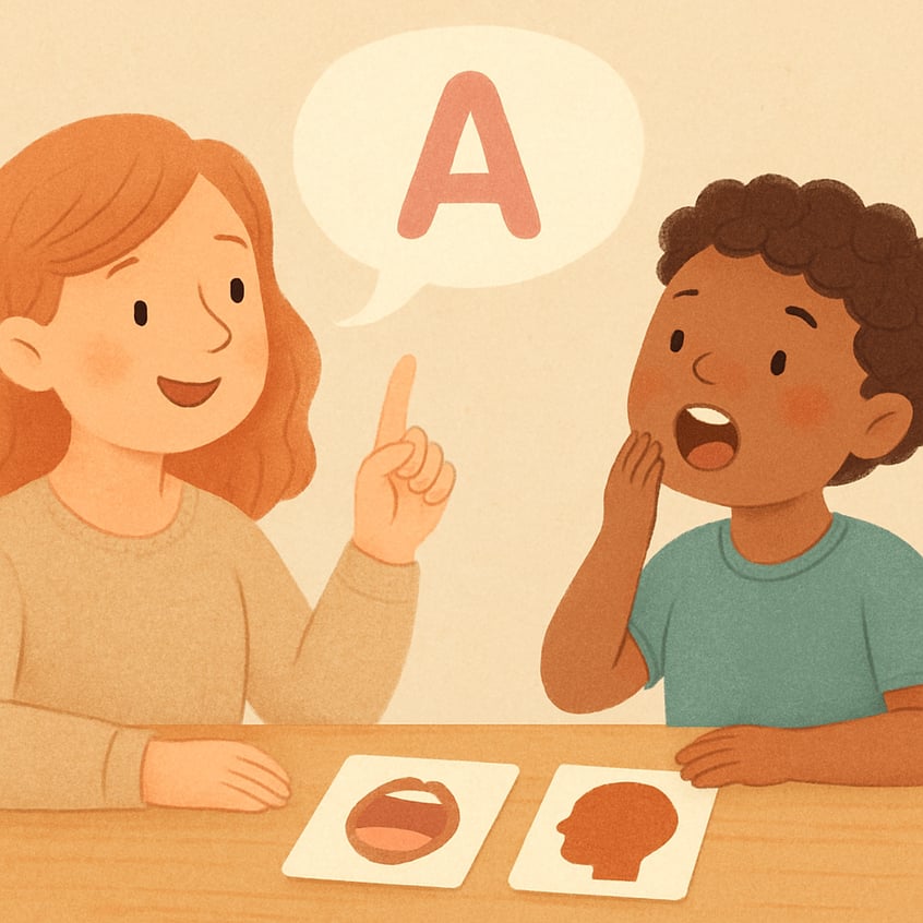 A therapist demonstrating breath support techniques for speech clarity.