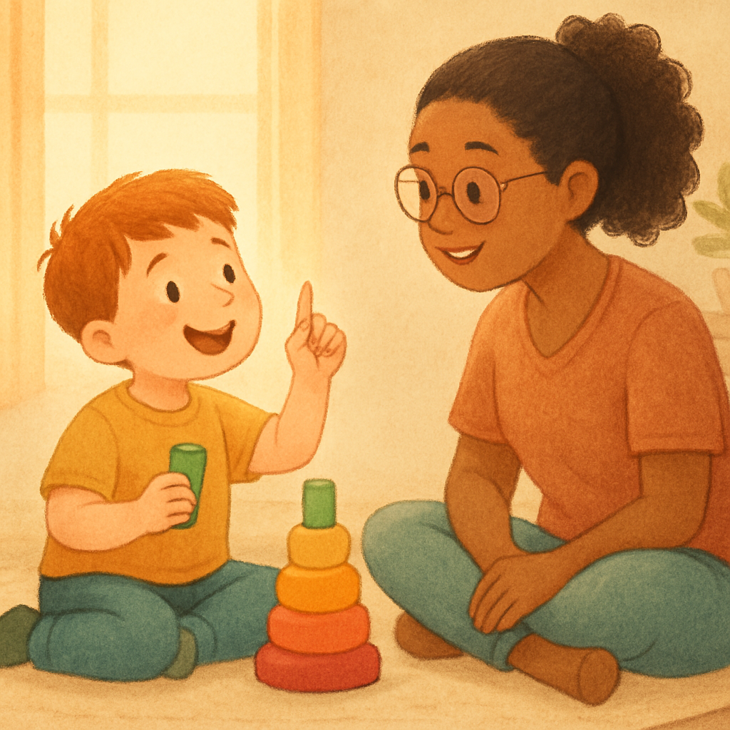 Child smiling while completing a behaviour-tracking worksheet with help.