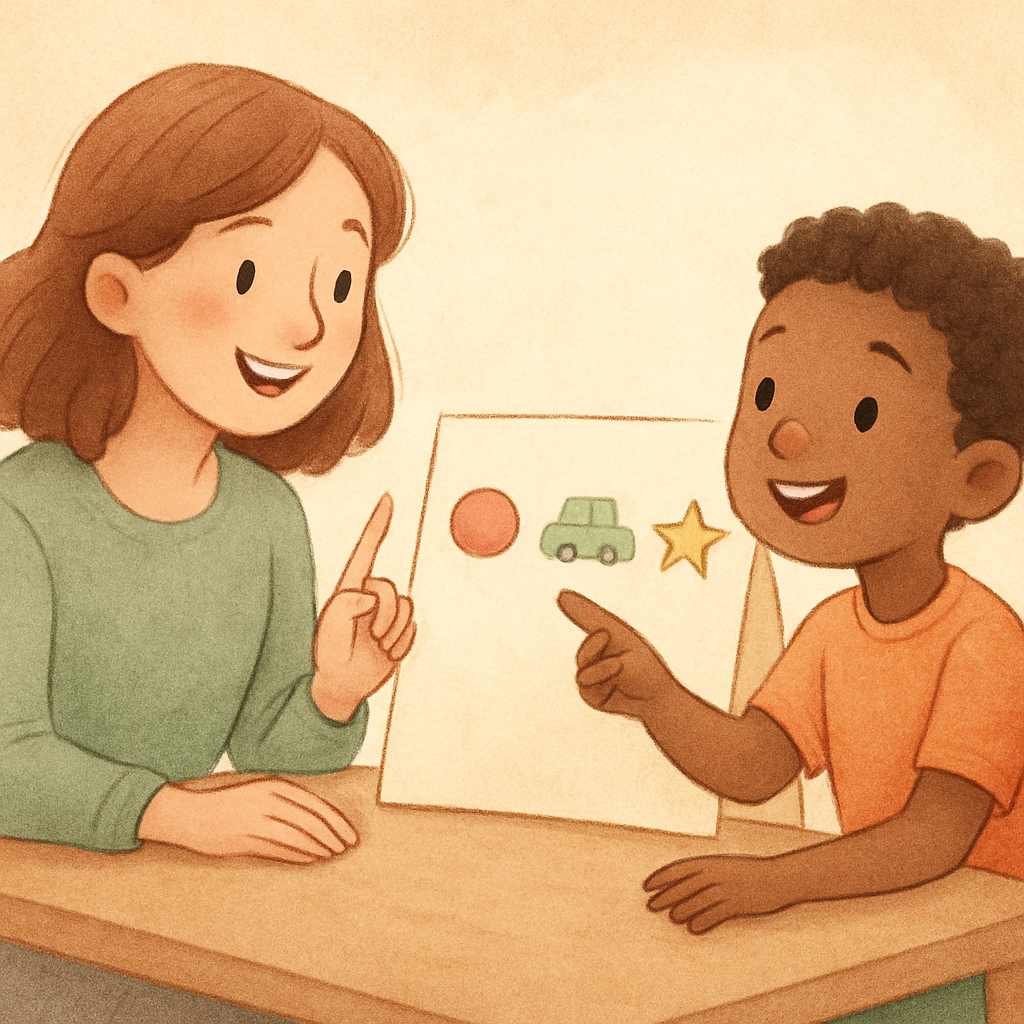 Therapist guiding a child through a simple problem-solving activity.