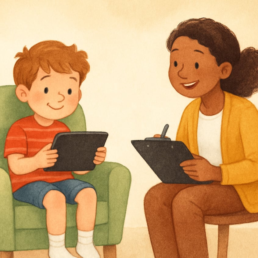 Child holding a tablet with a blank expression, suggesting overstimulation from screen use.