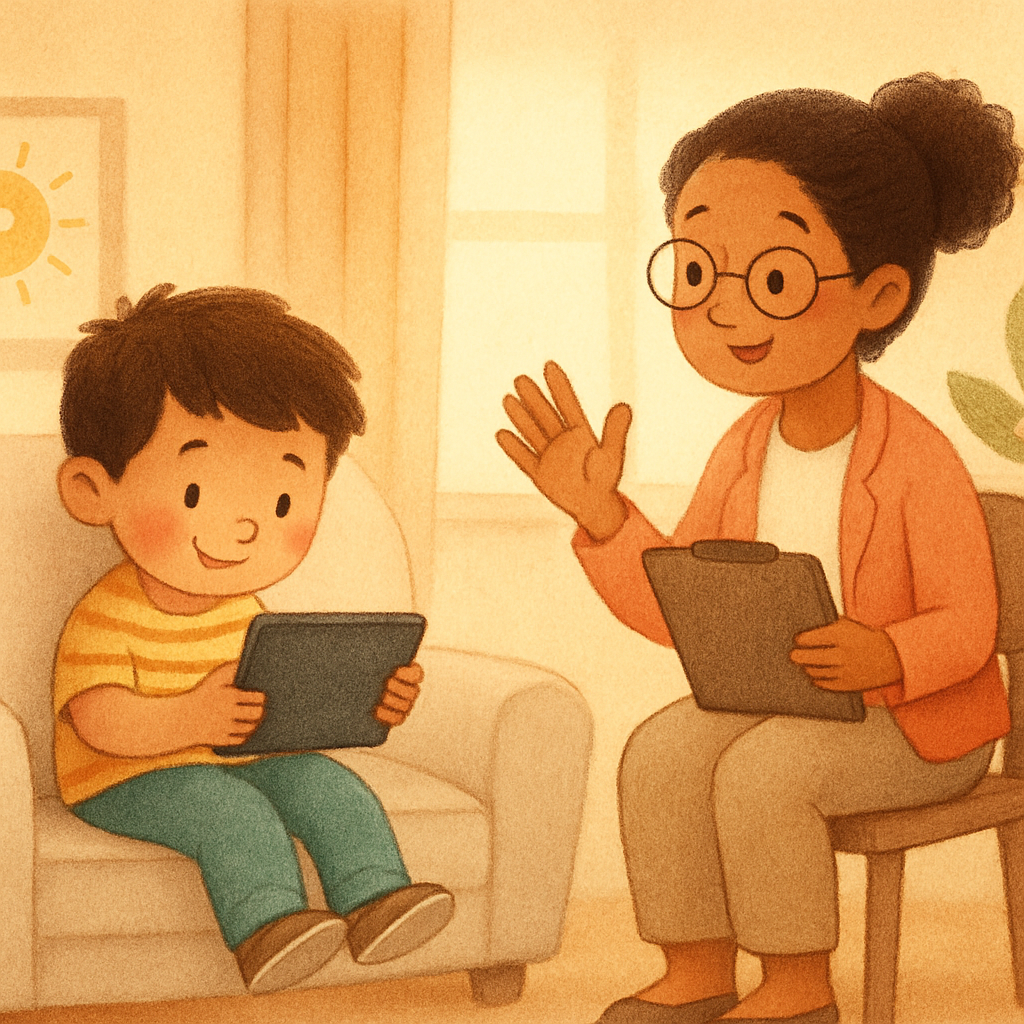 Therapist encouraging a child to put down a gadget and engage in face-to-face interaction.