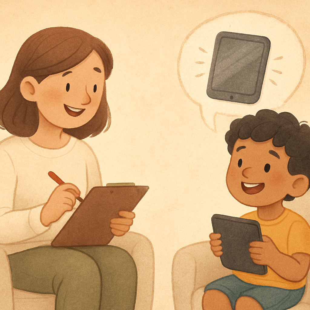Therapist gently talking to a child who is holding a tablet, addressing screen time habits.