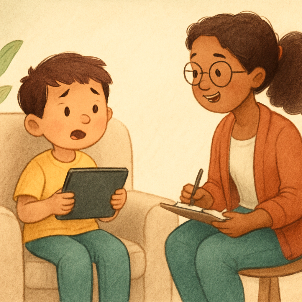 Therapist encouraging a child to put down a gadget and engage in face-to-face interaction.