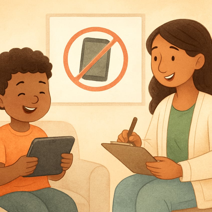 Therapist guiding teen through strategies to reduce gadget addiction.