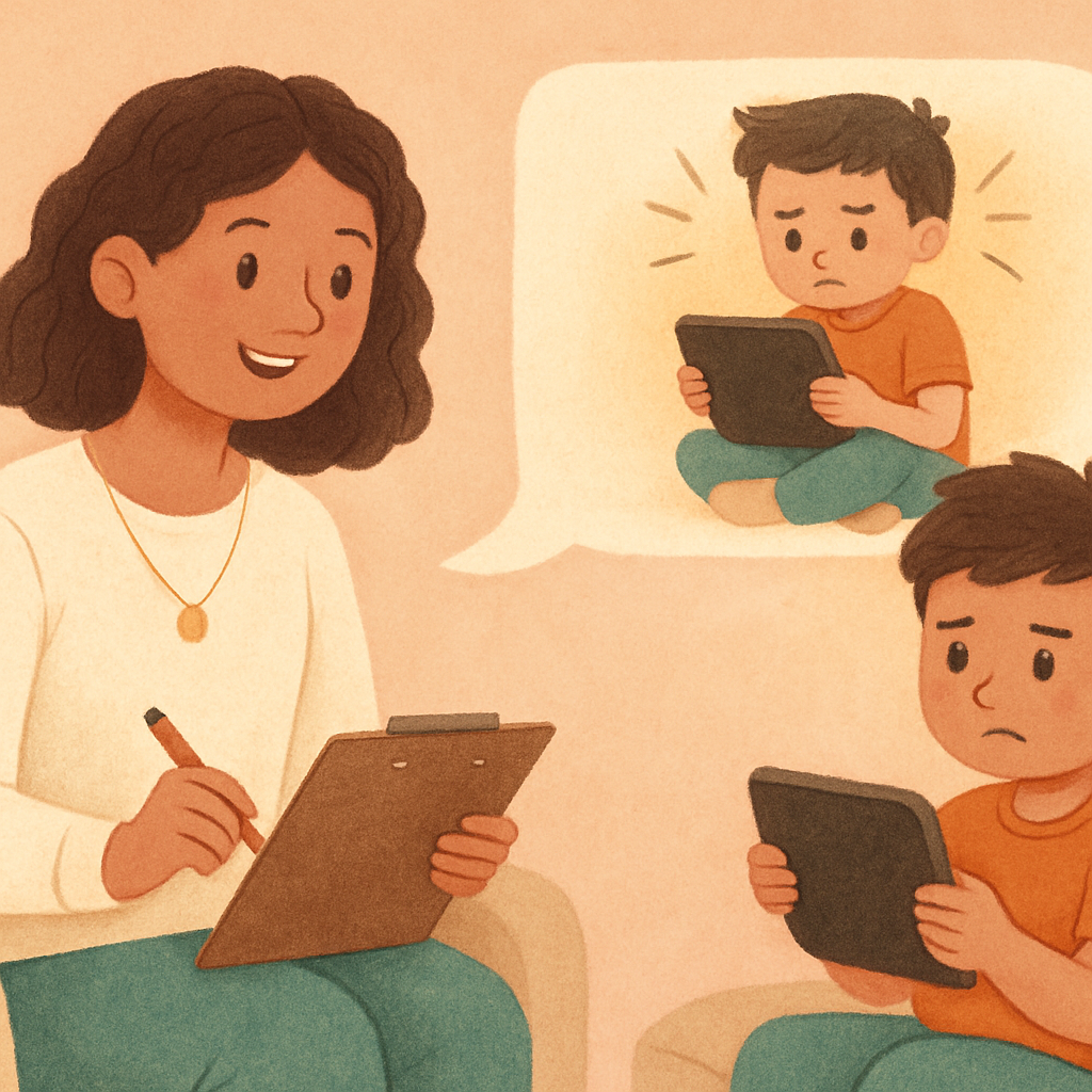 Therapist guiding a child from screen time to hands-on play activities.