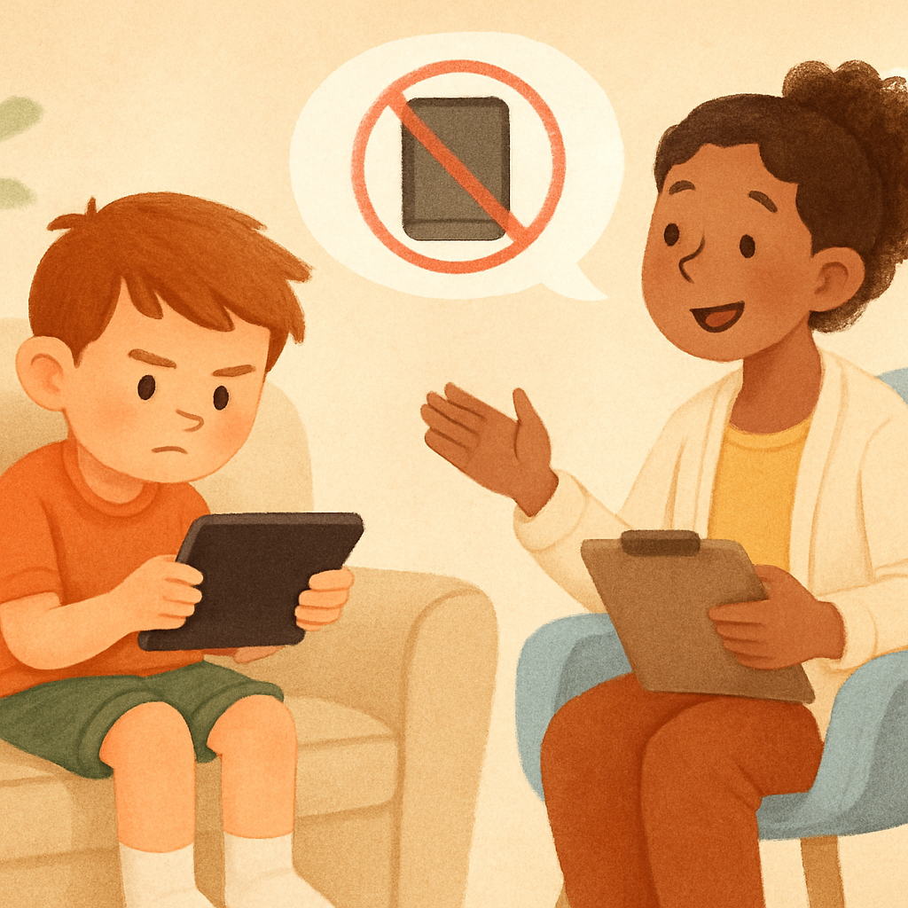 Child looking frustrated as a tablet is turned off, representing emotional challenges related to screen dependence.