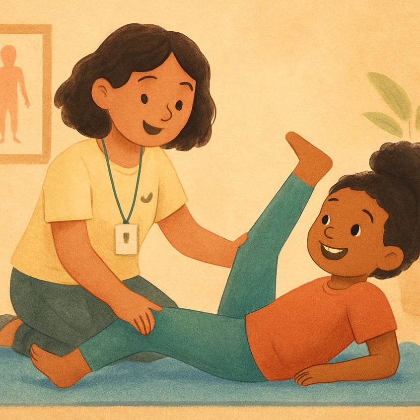 A client performing stretching exercises under professional supervision.