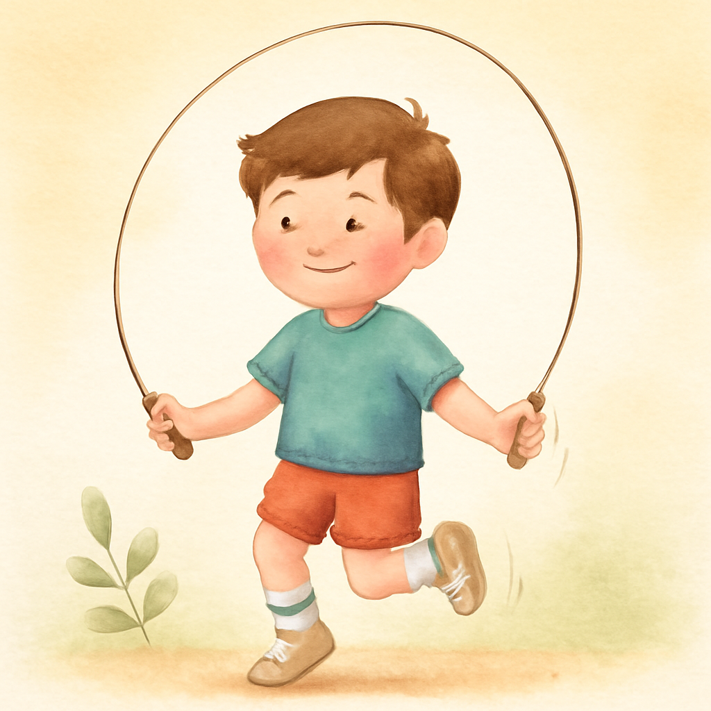 A child practicing two-foot jumps with a jump rope while an exercise physiologist provides encouragement.