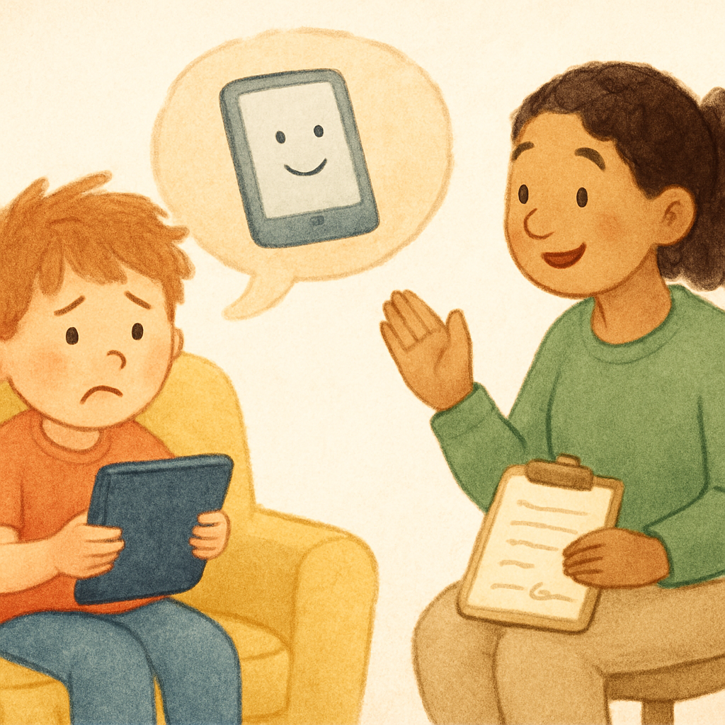 A therapist supporting a child who is adjusting to limits on phone and tablet use.