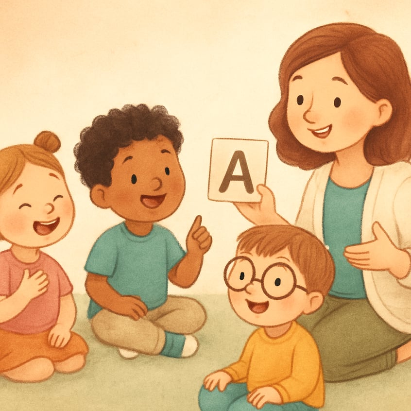 Group of children participating in a speech therapy session with toys and learning materials.