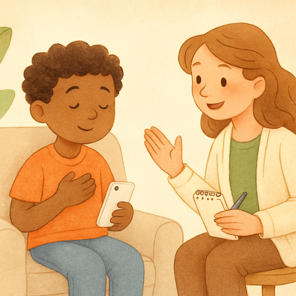 Therapist helping a client set screen time limits on an iPhone.