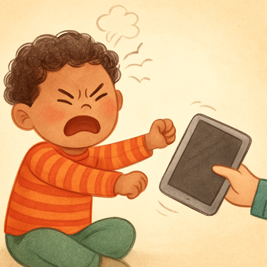 Child showing frustration as a tablet is gently taken away during a therapy session