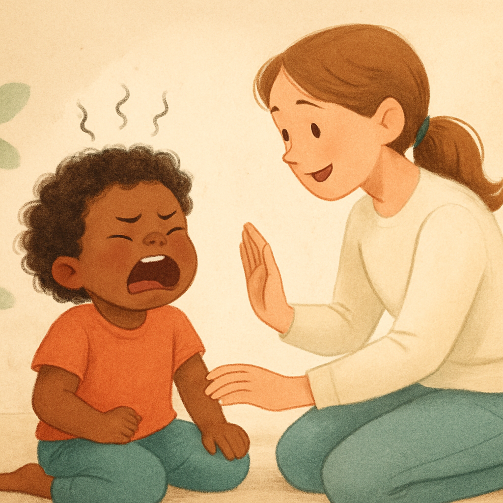 A therapist kneeling beside a crying child, offering comfort and strategies to manage anger.