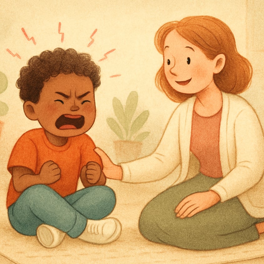 A therapist helping a young child practice deep breathing to calm a tantrum.