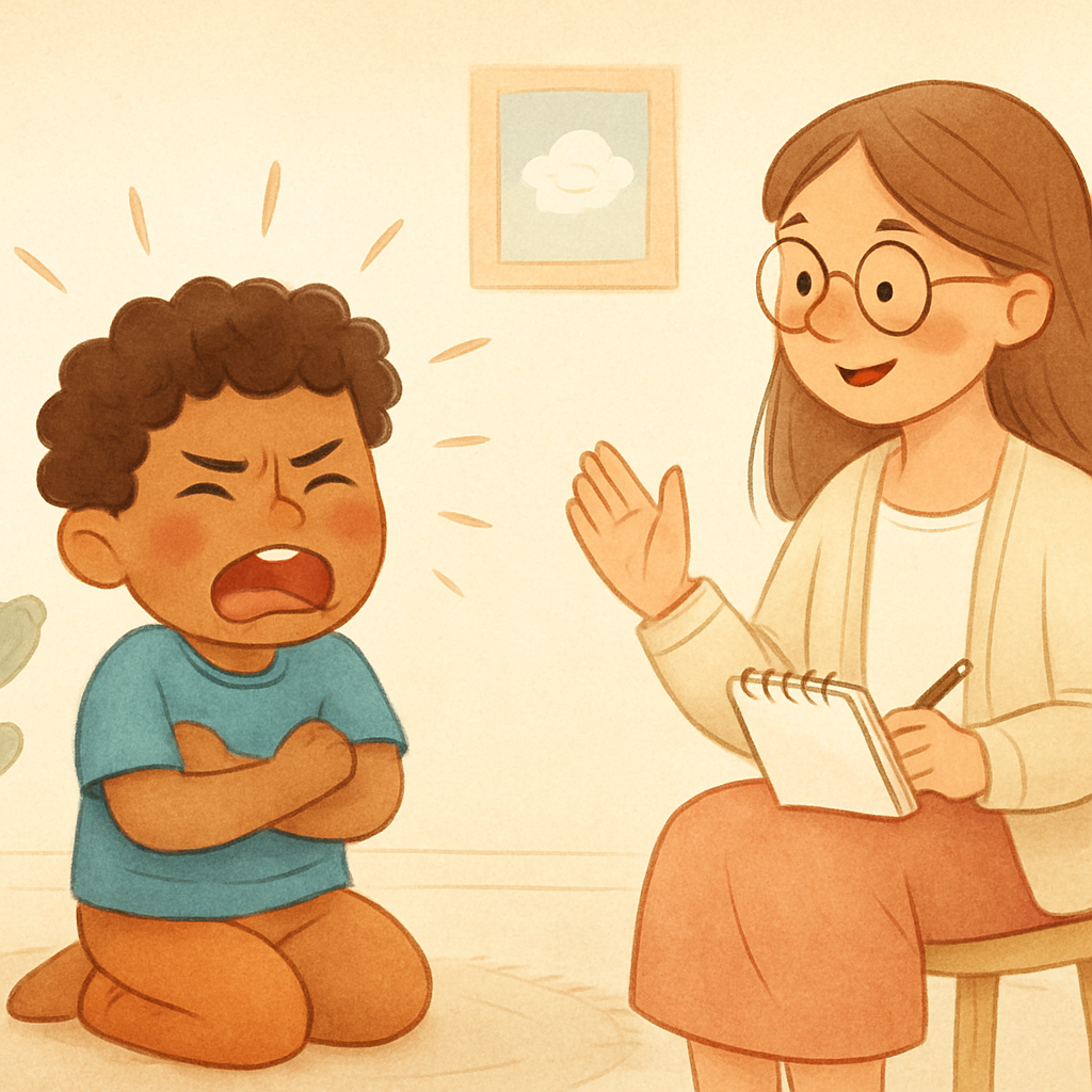 A therapist kneeling at eye level with a child during a calming exercise.