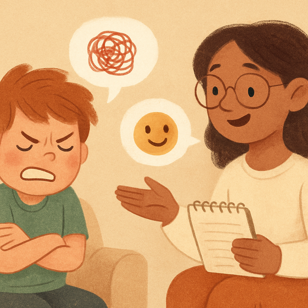 Therapist working one-on-one with a child to address challenging behaviors in a calm setting