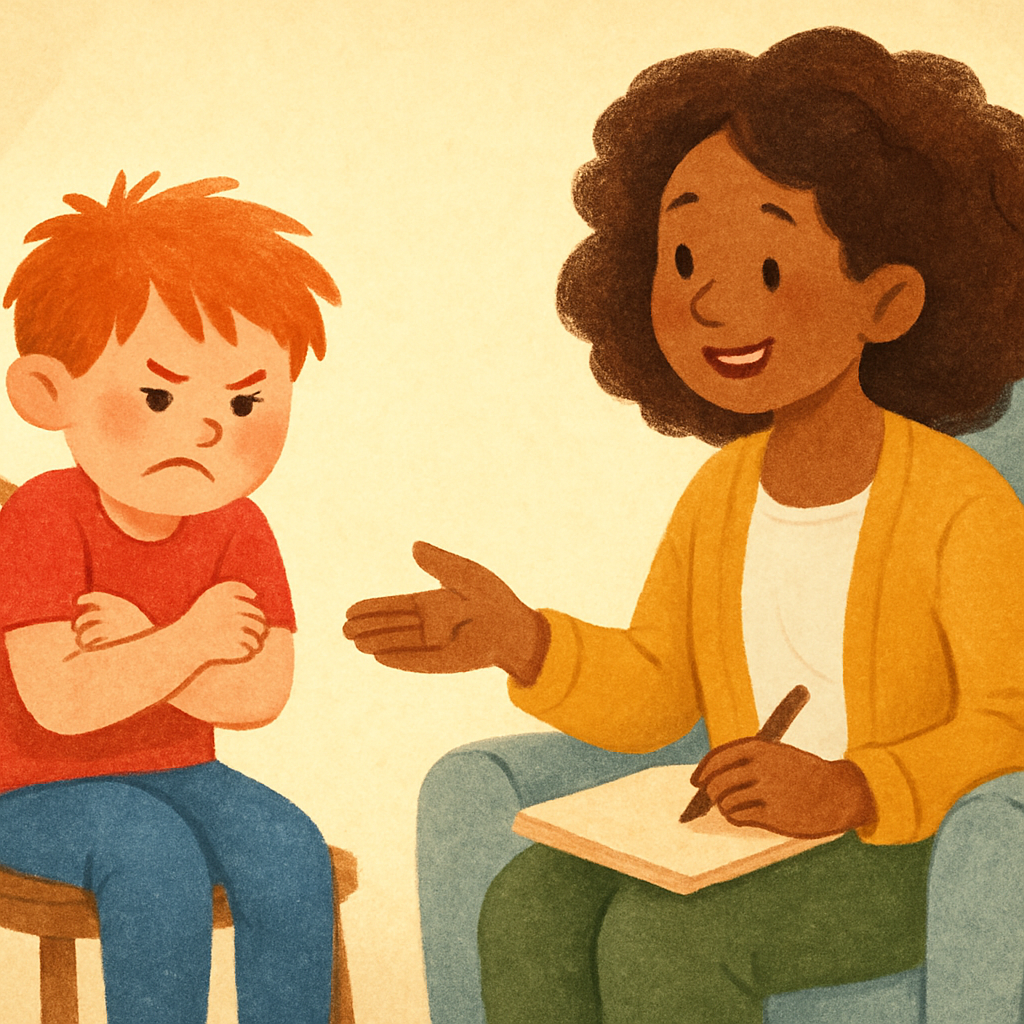 Child practicing coping strategies with therapist guidance during a session.