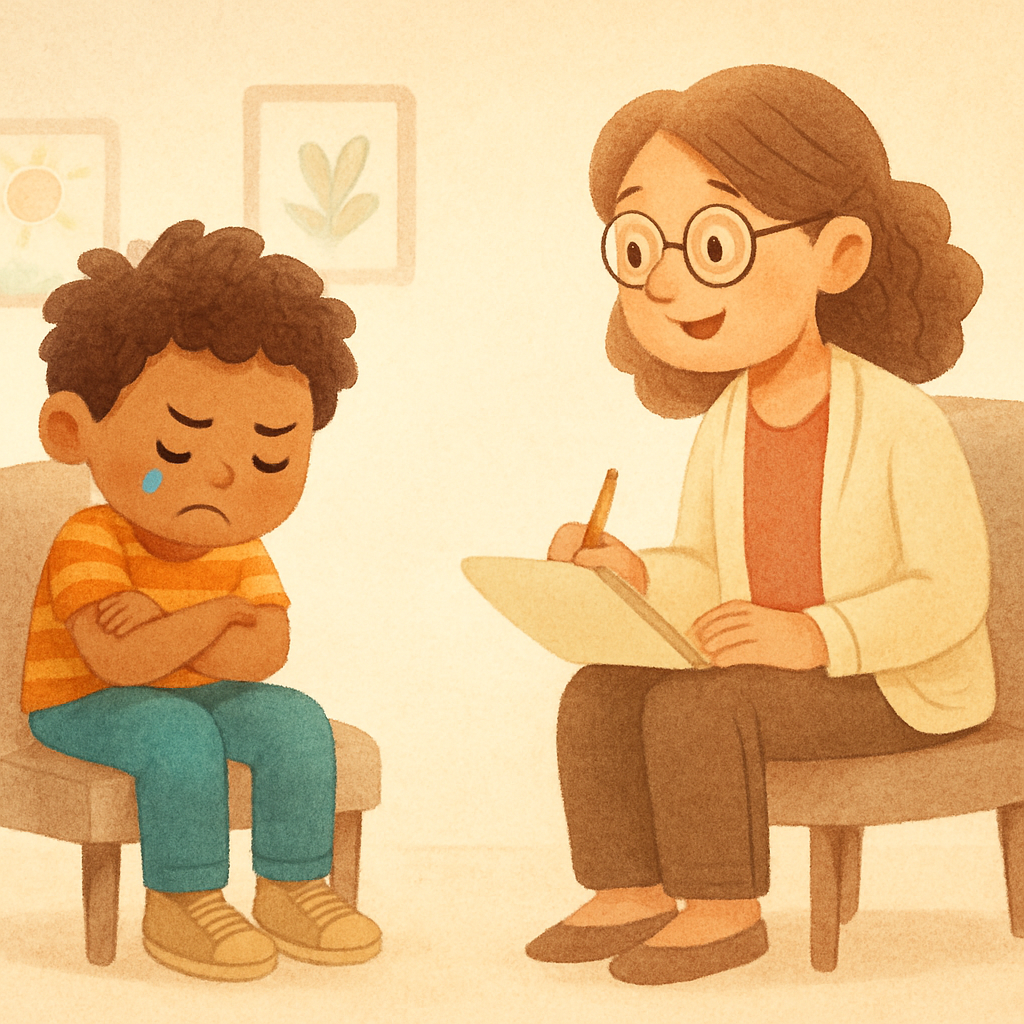 Child working with a therapist to learn appropriate behaviors in a calm setting.