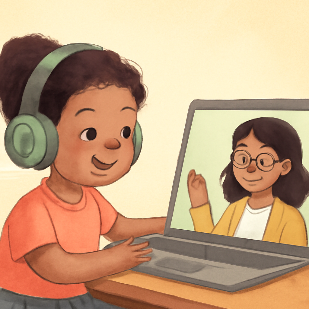 Create 3 separate photos of childrens illustrations in a 12 aspect ratio related to the topic NDIS Telehealth for Kids Use soft natural colours gentle-1