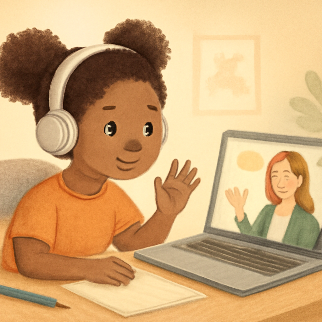 A behaviour therapist working one-on-one with a child, using visual prompts to teach a new skill.