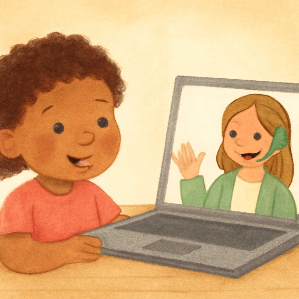 A child interacting with an NDIS therapist on a laptop screen while completing a fun online activity.