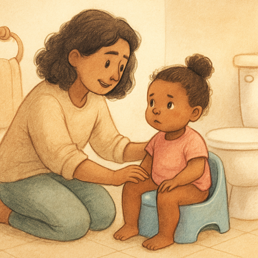 Parent guiding a child on the potty.