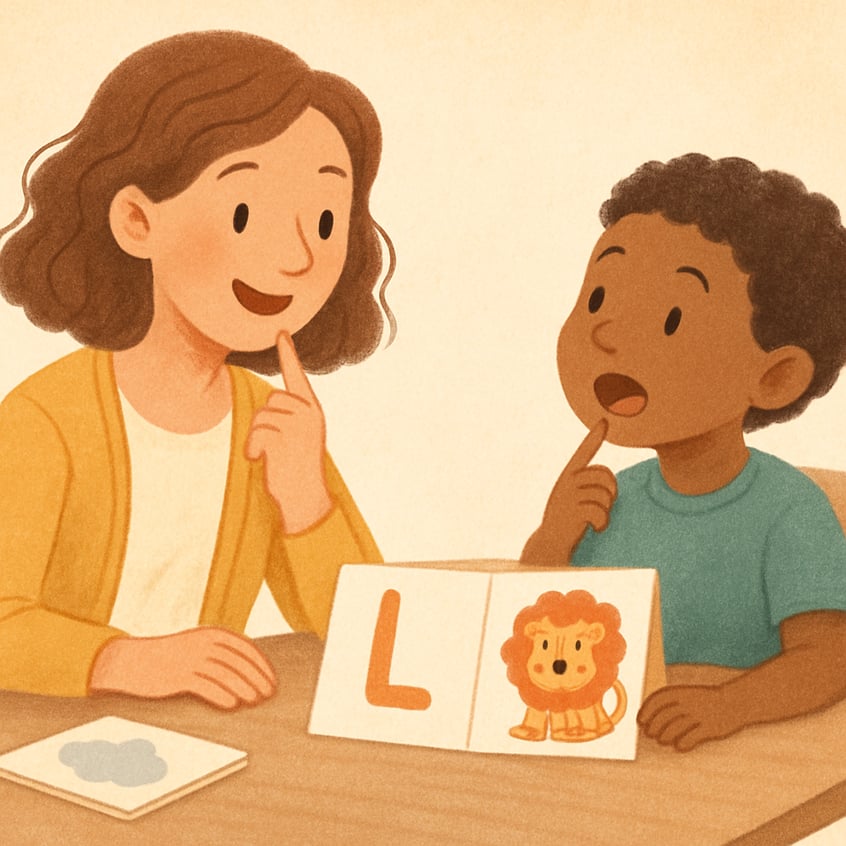 Child practicing pronunciation with a speech therapist in a bright pediatric therapy room.