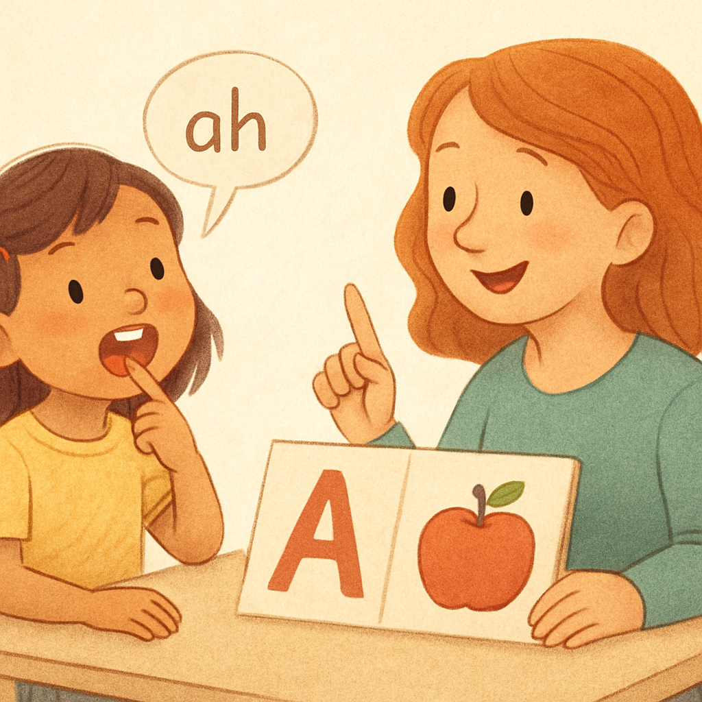 Pediatric speech therapist modeling mouth movements to help a child with articulation.