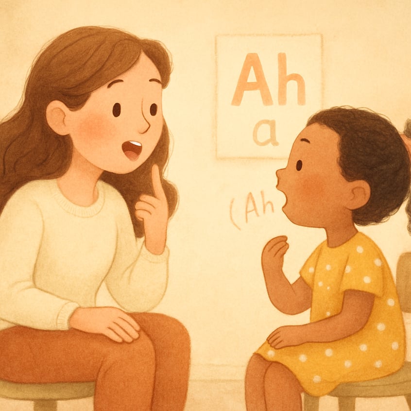 Young child smiling while participating in a speech therapy session with a therapist.