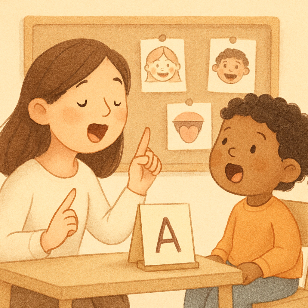 Child and therapist sitting at a table practicing sounds using flashcards.