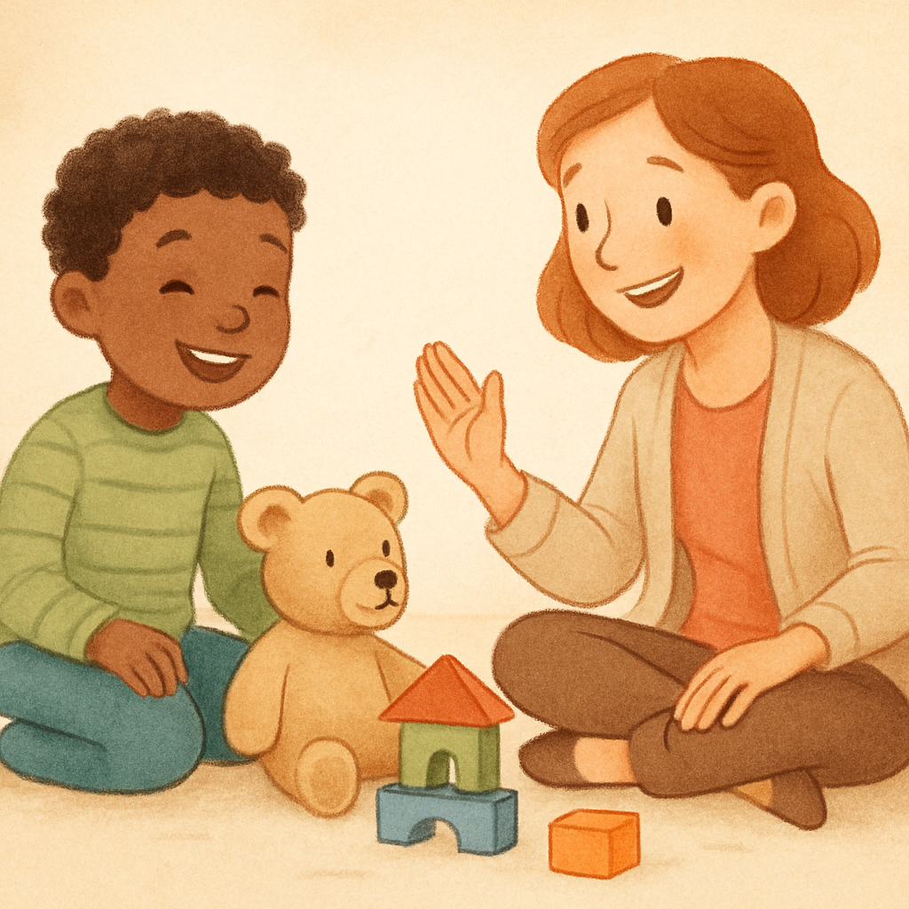 Therapist and young child playing with puppets to practice positive social behaviors and problem-solving skills.