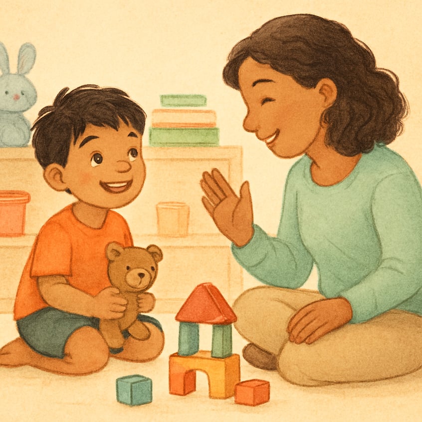 Therapist talking with a child while a tablet is placed aside during a counseling session.