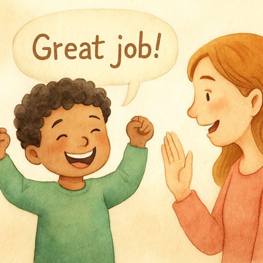 Caregiver reinforcing positive behaviour with praise and encouragement.